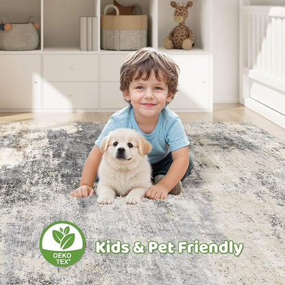 8x10 Area Rugs Living Room: Washable Large Abstract Modern Soft Rug Stain Resistant Indoor Floor Non Slip Accent Carpet for Bedroom Nursery Playroom Dining Room Office Dorm Home House- Grey Brown