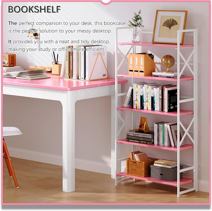 4NM 5 Tiers No Assembly Book Shelves, 51.2" H Folding Bookshelf Bookcase Open Industrial Foldable Shelves for Bedroom, Living Room, Home Office - Pink White