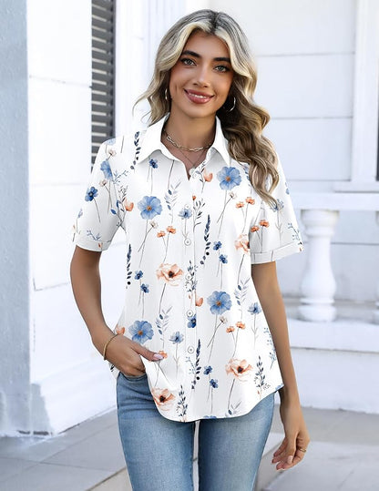 Zeagoo Button Down Shirts for Women Short Sleeve Collared Tops Dressy Casual V Neck Blouses