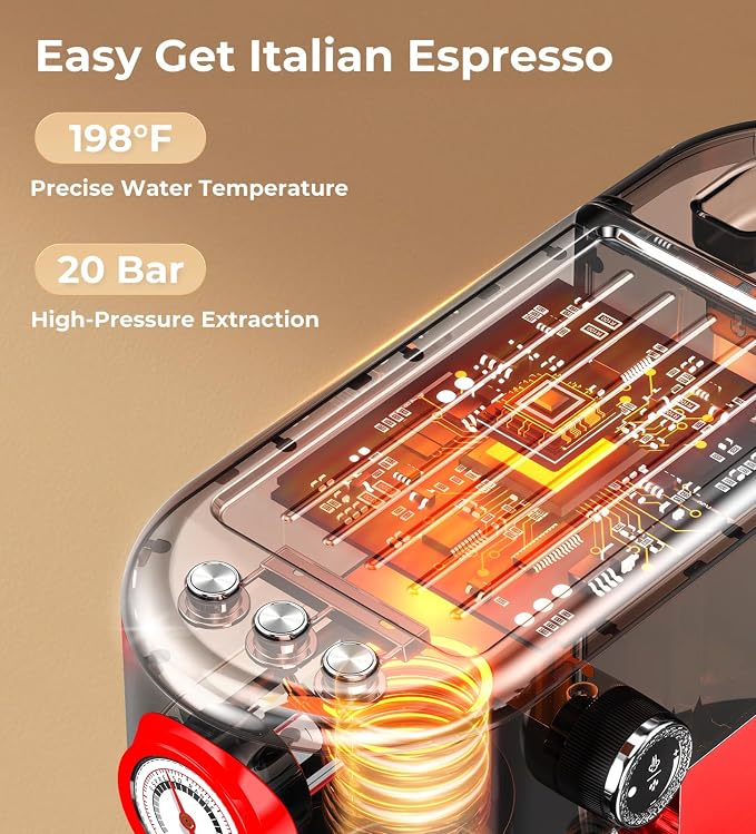 atatix 20 Bar Espresso Machine with Milk Frother, Compact Espresso Maker | Stainless Steel Coffee Machine with Precise Temp Control & 44oz Removable Water Tank for Latte, Cappuccino, Red