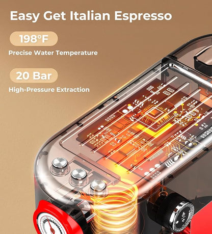 atatix 20 Bar Espresso Machine with Milk Frother, Compact Espresso Maker | Stainless Steel Coffee Machine with Precise Temp Control & 44oz Removable Water Tank for Latte, Cappuccino, Red