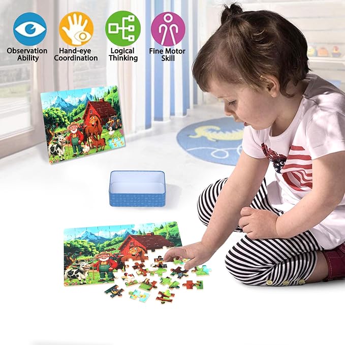 LELEMON Puzzles for Kids Ages 4-6, Farm 60 Piece Puzzles for Kids Ages 3-5 in a Metal Box, Educational Jigsaw Puzzles Childrens Puzzle Games Puzzle Toys for Girls and Boys