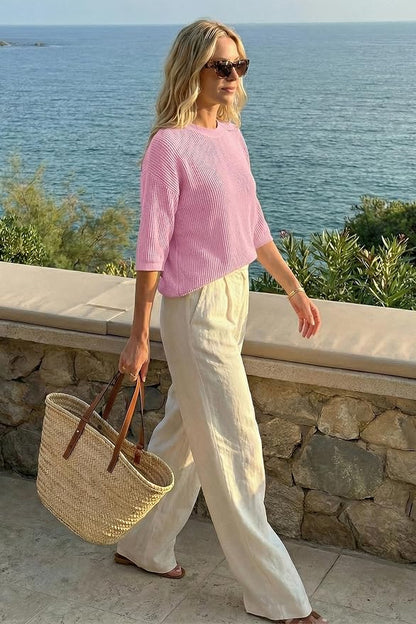 Arach&Cloz Womens Summer 100% Cotton Oversized Crochet Tops 3/4 Length Sleeve Sweater Hollow Out Casual Blouses 2026