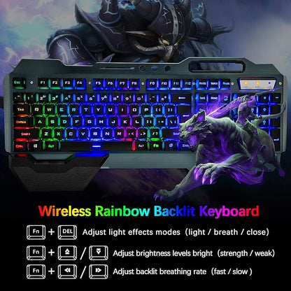 Wireless Gaming Keyboard and Mouse,Rainbow Backlit Rechargeable Keyboard Mouse with 3800mAh Battery Metal Panel,Removable Hand Rest Mechanical Feel Keyboard and 7 Color Gaming Mute Mice for PC Gamers