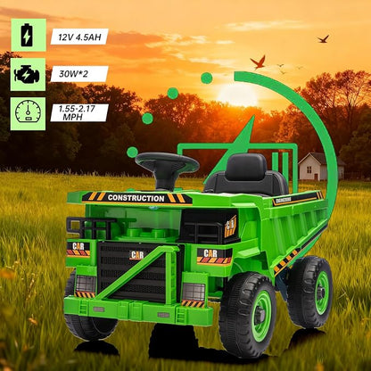 12V Ride On Dump Truck Kids Ride On Car for Kids, Battery Powered Electric Car with Remote Control, Electric Dump Bed, Wear-Resistant Tires, 4 Wheels Tractor Ride On Toys, Green