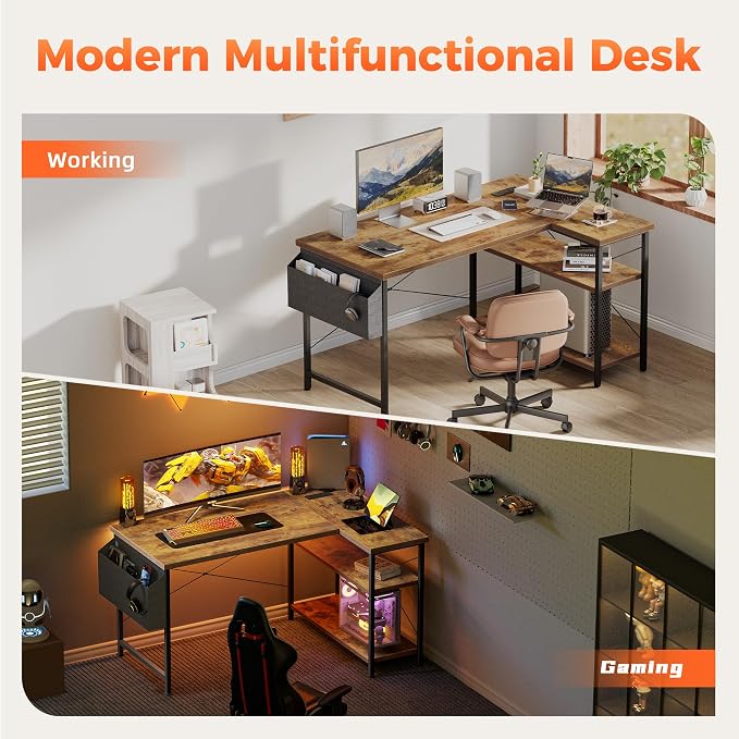 Mericonia 55 inch L Shaped Gaming Desk, Large Corner Desk with Shelves | Reversible Computer Desk with Power Outlets & Storage Bag, Office Table for Home Bedroom Study Work Writing