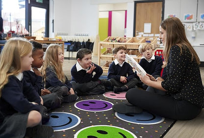 Flagship Carpets Smiley Seating (Seats 20) Classroom Area Rug or Educational Learning Mat, Kids Room or Playroom Carpet, 6' x 8'4", Gray/Multi