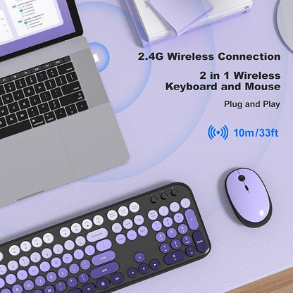 MOFII Wireless Keyboard and Mouse Combo, Full Size 2.4G Retro Round Computer Keyboard and Mouse Set, Plug and Play, for Windows, Computer, Desktop, PC, Notebook - (Black Purple Gradient)