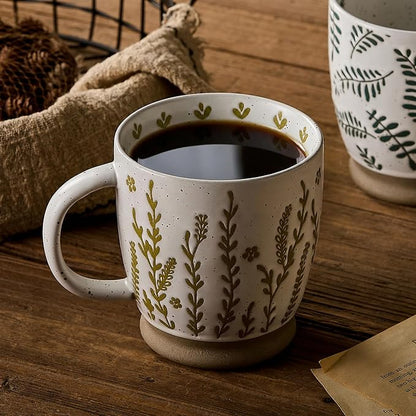 18 Oz Large Ceramic Coffee Mug Set of 4 - Rustic Handmade Floral Mugs with Handle, Microwave Safe for Latte Espresso Cappuccino Tea Cocoa Milk, Modern Unique Big Cups for Kitchen Women