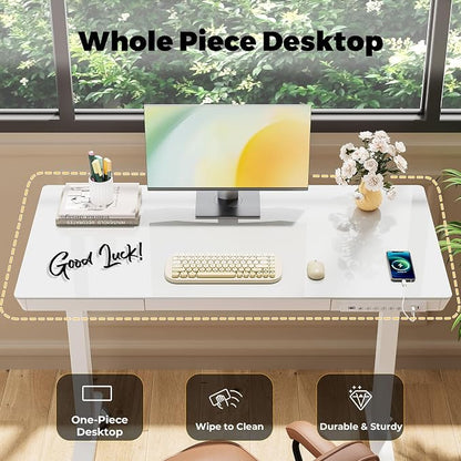 40" Glass Standing Desk with Drawer, Electric Stand up Desk | Height Adjustable Desk with One-Piece Tabletop & USB Charging Ports, Sit Stand Desk with Storage for Home Office, White