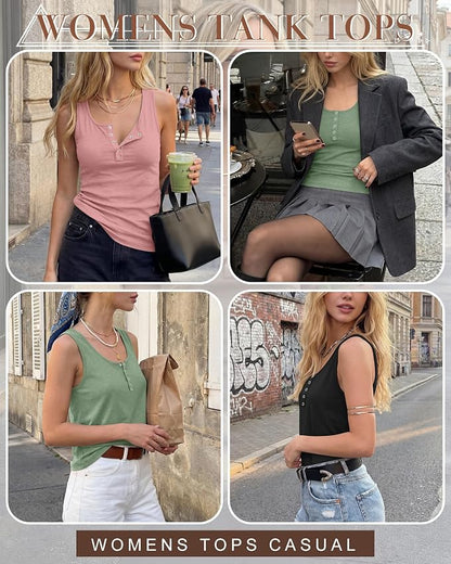 Ficerd 3 Pack Women's Henley Tank Tops Sleeveless Button Down Summer Shirts 2026 Casual Trendy Loose U Neck Tee Blouses