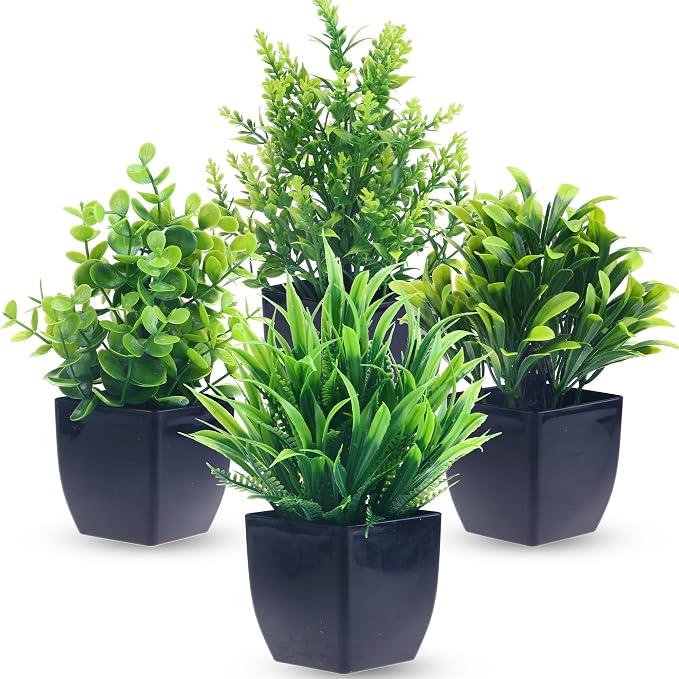 GREENTIME 4 Pack Fake Plants in Black Pot Mini Artificial Eucalyptus Potted Plant Small Faux Grass Greenery Potted for Indoor Home Office Farmhouse Bathroom Table Decoration