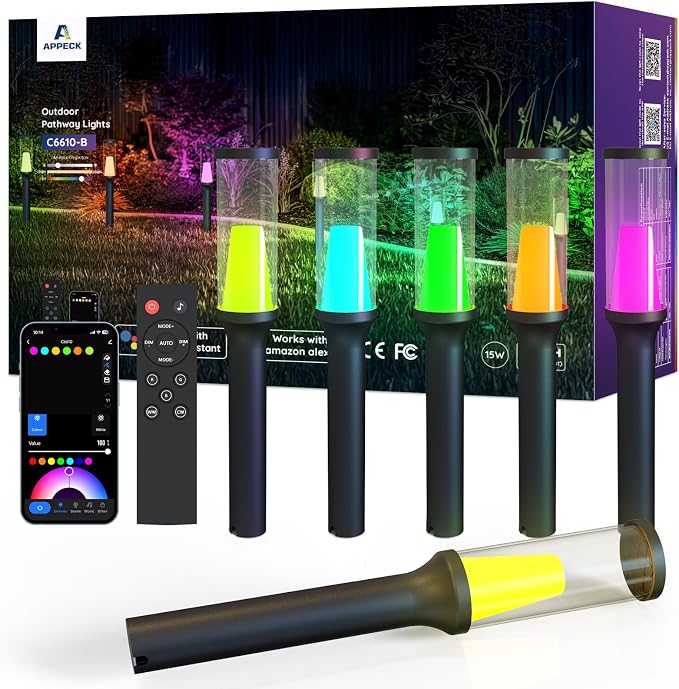 APPECK Pathway Lights,RGBCW Walkway Lights with APP Control,4 Pack | IP65 Waterproof,Low Voltage Landscape Lighting 800LM,Color Changing,for Garden, Yard, Patio,Compatible with Alexa