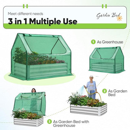 Quictent Raised Garden Bed with Cover Outdoor Galvanized Steel Planter Box Kit with Greenhouse Large Zipper Window Dual Use, 20pcs T-Type Tags & 1 Pair of Gloves Included 4x2.5x1 FT (Green)