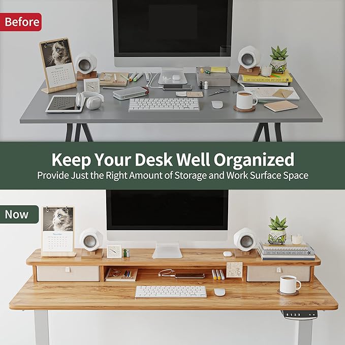 FEZIBO 60 x 24 Inch Height Adjustable Electric Standing Desk with Double Drawer, Stand Up Desk with Storage Shelf, Sit Stand Desk, Light Rustic