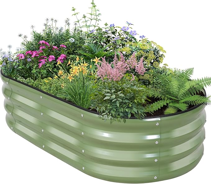 Galvanized Raised Garden Bed Outdoor - 4×2×1ft Planter Raised Beds for Gardening | Oval Metal Garden Planter Box with Safety Edging and Gloves for Vegetables Fruits and Flowers OliveGreen