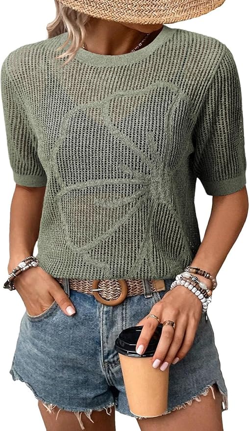 Dokotoo Womens Summer Short Sleeve Crochet Tops Hollow Out Floral Sweaters Beach Vacation Cruise Outfits