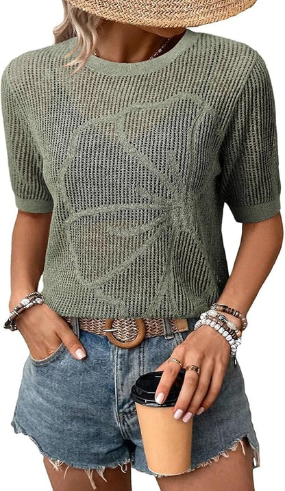Dokotoo Womens Summer Short Sleeve Crochet Tops Hollow Out Floral Sweaters Beach Vacation Cruise Outfits