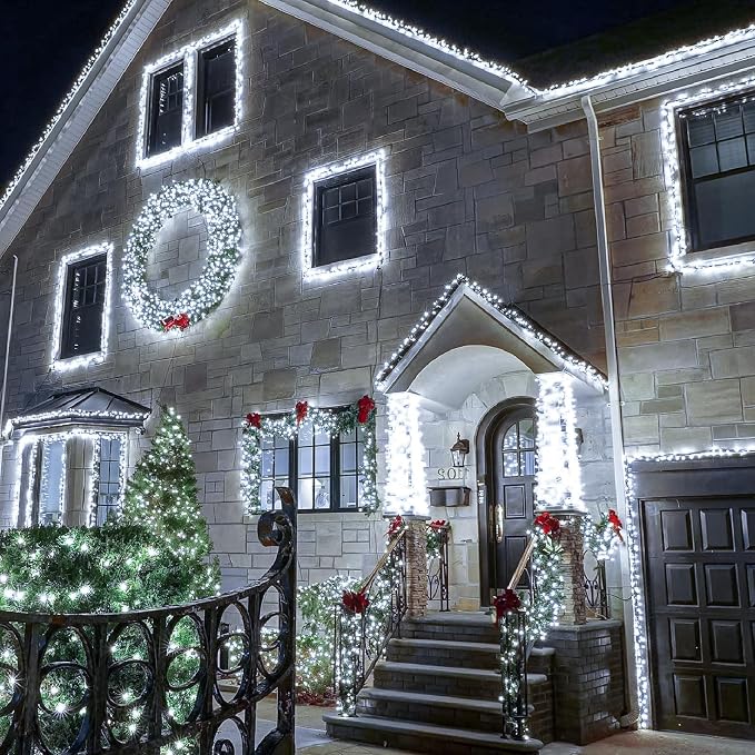 White Christmas Lights Outdoor, 66FT 200 LED Christmas Tree Lights Waterproof with 8 Modes, Plug in Connectable String Lights for Outside Bedroom House Patio Garden Party Decorations