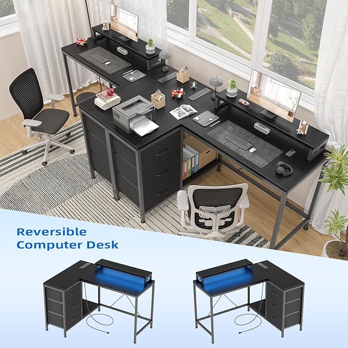 L Shaped Desk with Power Outlets & LED Lights, Computer Desk with Drawers & Shelves, Corner Desk Gaming Desk Home Office Desk, Black