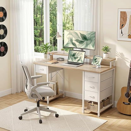 TIQLAB Computer Desk with 4 Drawers, 47 Inch Gaming Desk with LED Lights & Power Outlets, Home Office Desk with Monitor Stand, Study Writing Work Desk for Bedroom, Maple