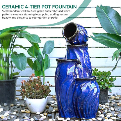 29" Ceramic Water Fountain Outdoor, 4-Tier Dynamic Wavy Design, LED | Outdoor Fountain with Artistic Cobalt Blue Glaze, Decorative Water Feature, Cascading Waterfalls for Serene Garden Patio Yard