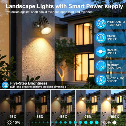 Plug and Play Low Voltage Landscape Lighting Kit with Extension Cables, 8Pack 65FT Wired Landscape Lights with Smart Transformer, Warm White Waterproof Outdoor LED Spotlights for Yard, Garden, Pathway