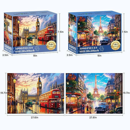 2 Pack Puzzles for Adults 1000 Pieces-Big Ben and Eiffel Tower Difficult Jigsaw Puzzles for Adults,Hard Jigsaw Puzzle Decorations DIY Leisure Game Toy Suitable Family Friends(27.5x20 inches)