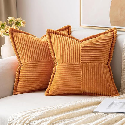 MIULEE Fall Burnt Orange Decorative Throw Pillow Covers for Couch Bed Livingroom 16x16 Inch Set of 2 Boho Accent Throw Pllows Broadside Striped Patchwork Soft Corduroy Pillowcases