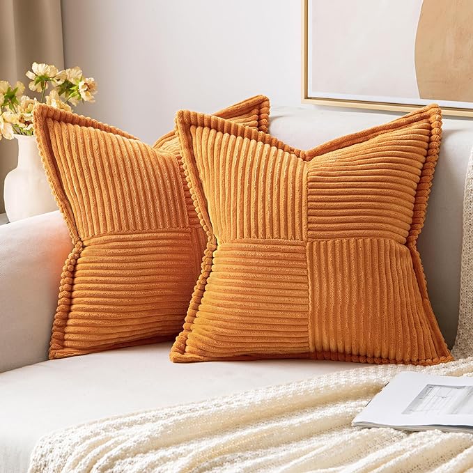 MIULEE Fall Burnt Orange Decorative Throw Pillow Covers for Couch Bed Livingroom 20x20 Inch Set of 2 Boho Accent Throw Pllows Broadside Striped Patchwork Soft Corduroy Pillowcases