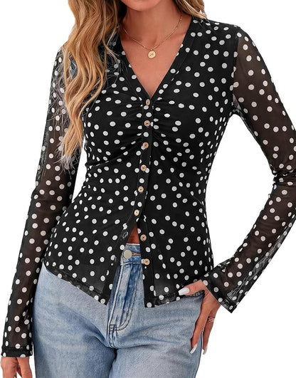 BTFBM Button Down Shirts for Women 2026 Fall Boho Tops V Neck Long Sleeve Blouses Ruched Mesh Fitted Fashion Clothing