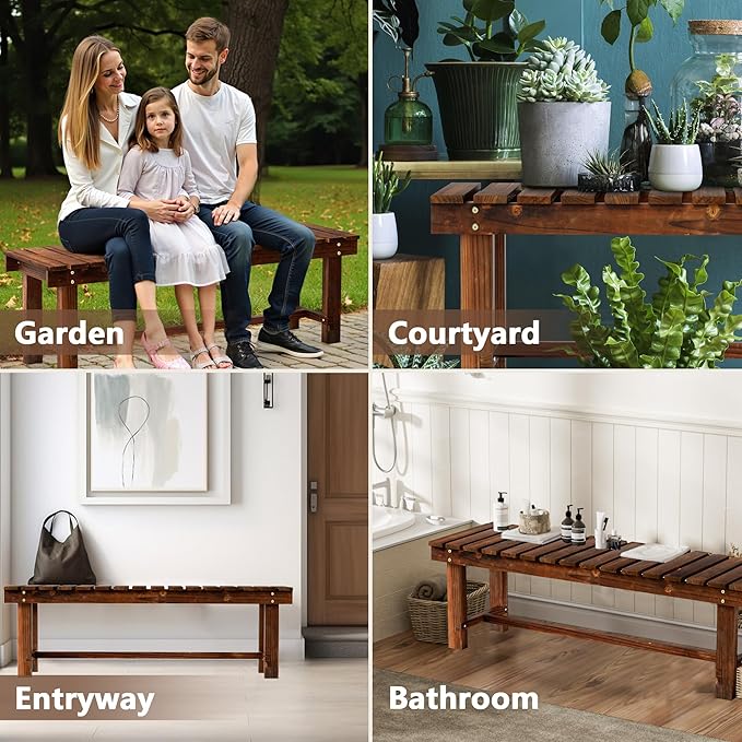 47.2" Outdoor Garden Bench, Weatherproof Patio Benches 3-Person Seat Backless Wooden Porch Bench, Multifunctional Slat All Weather Bench for Garden Lawn Porch Park Backyard (Carbonized Brown)