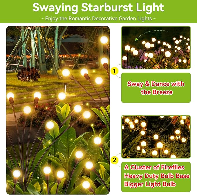Solar Garden Lights Outdoor Waterproof, 2 Pack 16 LED Swaying Light Firefly Light Outdoor Decor Lights for Garden Gifts for Pathway Party Christmas Decoration, Warm White