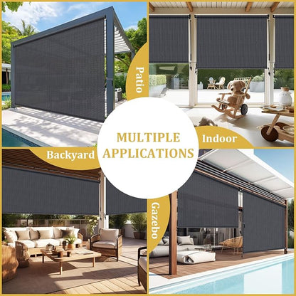 Shade&Beyond Outdoor Roller Shades with Splicing Design, 8' W x 8' H Cordless Patio Roll Up Blinds, Exterior Shade Cloth Roll for Porch, Gazebo, Pergola, Balcony, Blue Gray