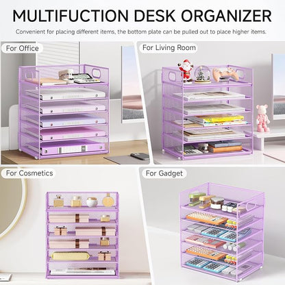 6 Tiers Letter Tray Paper Organizer with Handle, Mesh Desk File Organizer, Metal Desktop Document Shelf Organization, Paper Sorter Organizer for Office, Home or School File Folder Holder - Purple