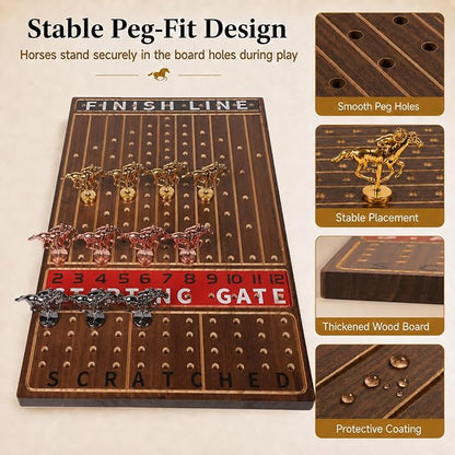 Jyquorp Horse Race Board Game Wooden Kentucky Derby Party Game Set with 11 Metal Horses, 2 Dice & 2 Card Decks, Large Solid Wood Horse Racing Board Game for Family & Adults (15.6" x 10")