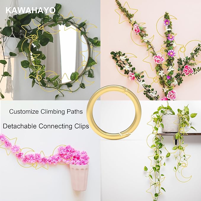 20 Pcs Plant Trellis for Climbing Plants, Chain Trellis, Garden Plant Wall Trellis, Vine Support Houseplant Accessories for Monstera, Pothos, Ivy, Climbing Plants Indoor Outdoor (Gold Moon and Star)