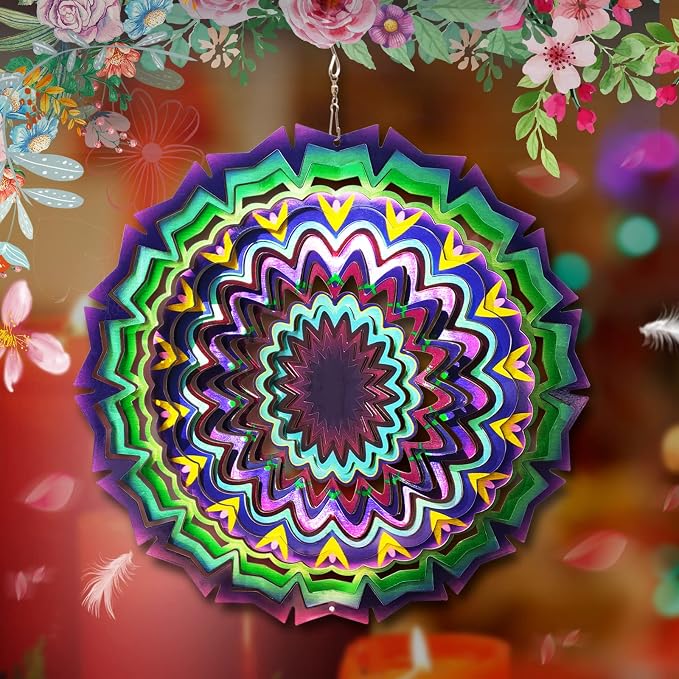 FONMY Wind Spinner Mandala Lucky Star Purple Color 12 inch 3D Stainless Steel Laser Cut Metal Art Geometric Pattern - Hanging Wind Spinner, Kinetic Yard Art Decorations - Indoor/Outdoor Décor