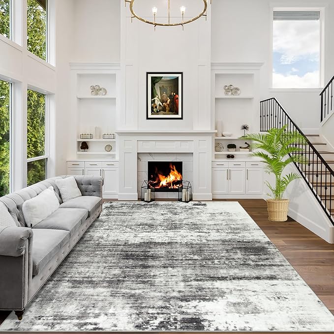10x14 Area Rugs Washable Rug: Modern Abstract Living Room Rug Soft Anti-Skid Thin Carpet Indoor Floor Non-Shedding Carpets for Bedroom Dining Room Farmhouse Nursery Home Office Black Grey