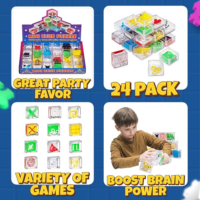 Bedwina Mini Cube Puzzle Box Set - Pack of 24 Balance IQ Party Favor Games for Kids, Teens and Adults, 1.5 Inch 3D Brain Teaser Maze Ball Toy Puzzles, Mini Ball Game for Kids in Bulk