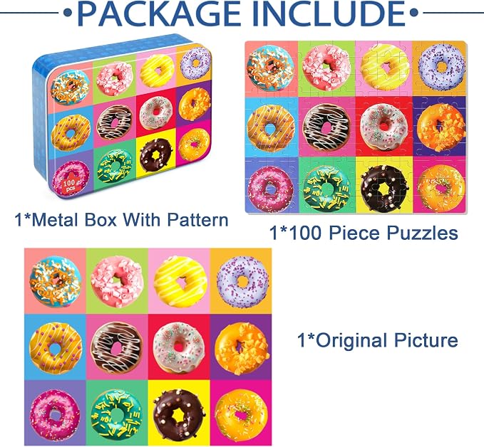 LELEMON Puzzles for Kids Ages 4-6,Donut 100 Piece Puzzles for Kids in a Metal Box, Educational Jigsaw Puzzles 100 Piece Puzzle Games Puzzle Toys for Girls and Boys