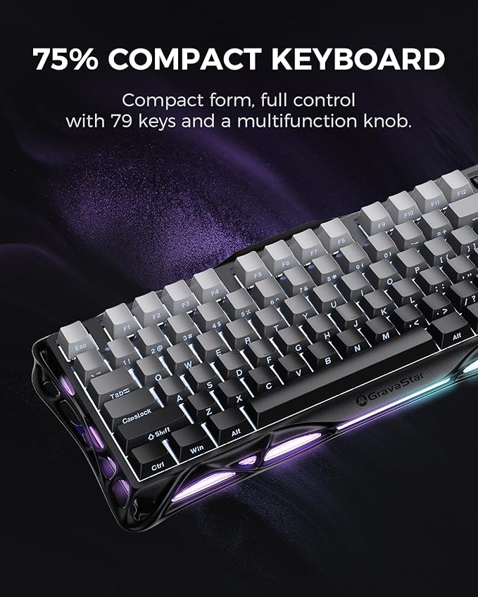 GravaStar Mercury K1 75% Wireless Mechanical Gaming Keyboard RGB Backlit | Gasket Mount, Hot Swappable Linear Switches, Creamy Sound Keyboard, 2.4GHz/USB-C/Bluetooth 5.0, for Win/Mac【Gradient Black】