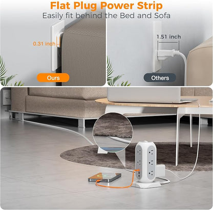 TESSAN Tower Power Strip Flat Plug with 1050J Surge Protection, 10 Ft, Grey | 11 Outlets 3 USB (1 USB C), Surge Protector Power Tower, Extension Cord with Multiple Outlets, Dorm, Office Desk Supplies