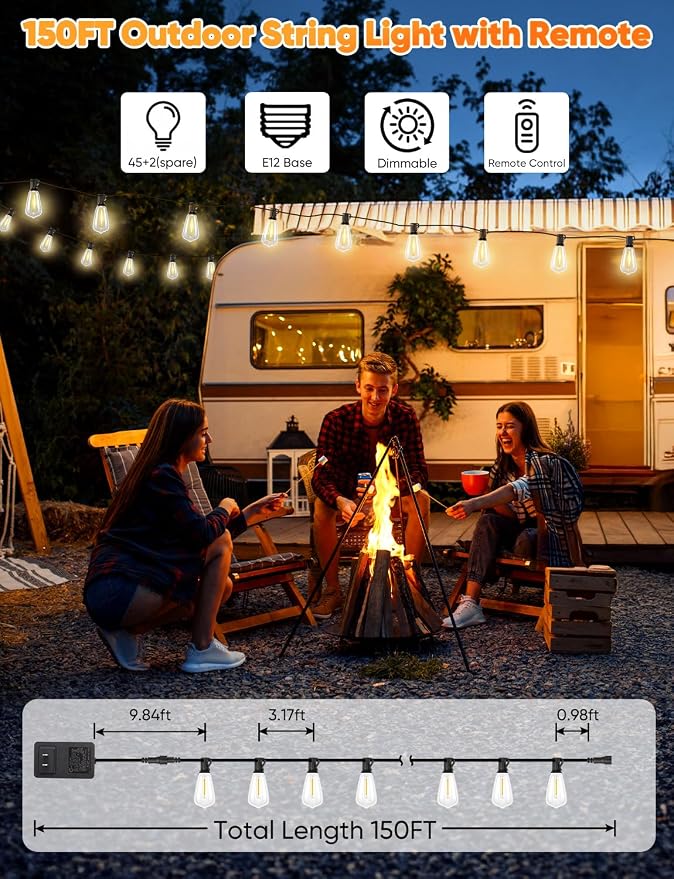 Brightever LED Outdoor String Lights, 150FT Dimmable Patio Lights with Remote Control, 45+2 Shatterproof ST38 Edison Bulbs, 3 Lighting Modes, 3H/5H Timer, Outdoor Hanging Light for Holiday, Party