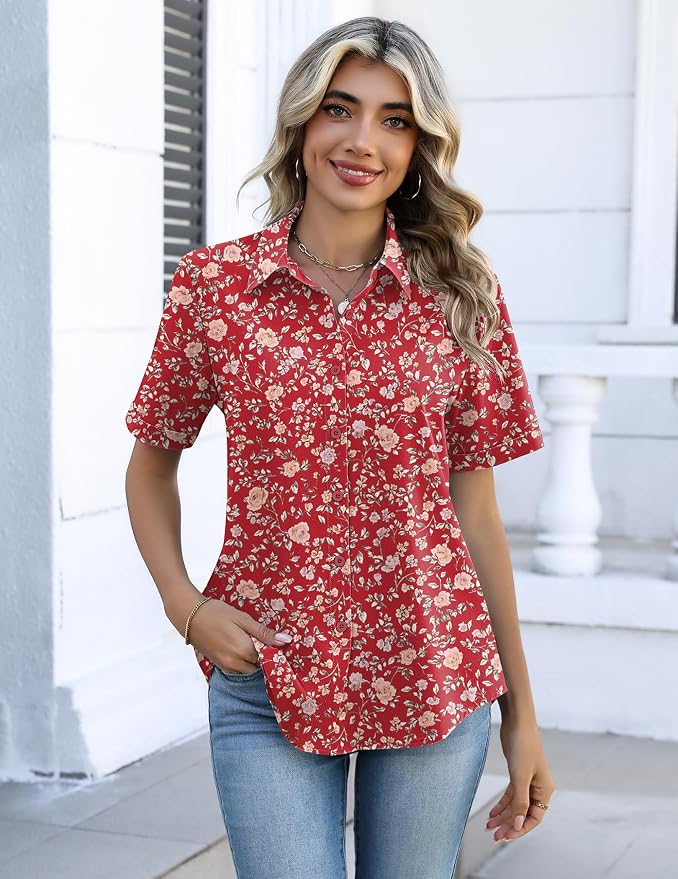 Zeagoo Button Down Shirts for Women Short Sleeve Collared Tops Dressy Casual V Neck Blouses