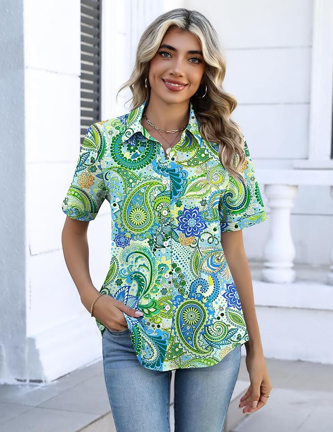 Zeagoo Button Down Shirts for Women Short Sleeve Collared Tops Dressy Casual V Neck Blouses