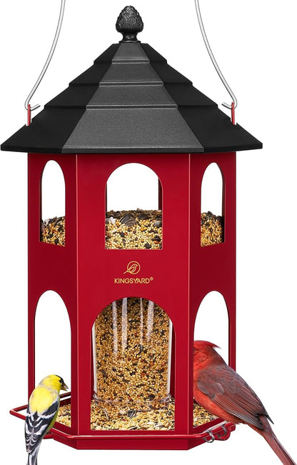 Kingsyard Metal Bird Feeder for Outdoor Hanging, Wild Bird Feeders with Circular Perch, Easy to Clean & Refill, 4 lbs Large Seed Capacity, Red