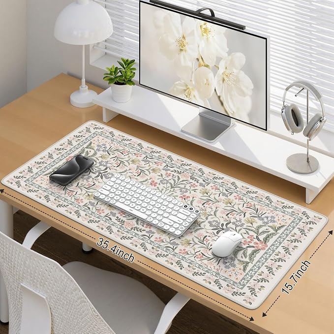 iCasso Desk Matt for Desktop, Cute Desk Pad Mat, XXL Large Mouse Pad, Anti-Slip Big Mousepad with Stitched Edges, Keyboard Pad for Computer(Gray Floral)
