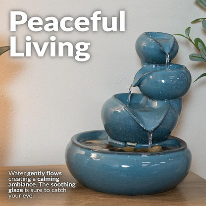 Sunnydaze Tiered Vessels Ceramic Tabletop Water Fountain - Relaxing Indoor Fountain for Office, Bedroom, or Living Room - Teal