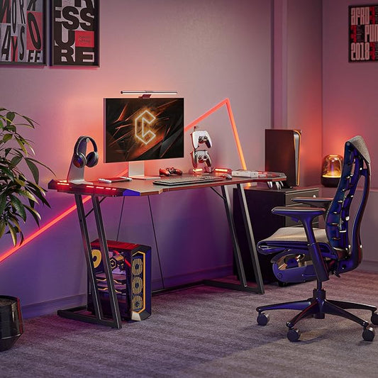 CubiCubi Gaming Desk with LED Lights, 55 Inch Z Shaped Gamer Desk, Home Game Computer Desk with Carbon Fiber Surface, Ergonomic Office PC Workstation with Cable Management, Black